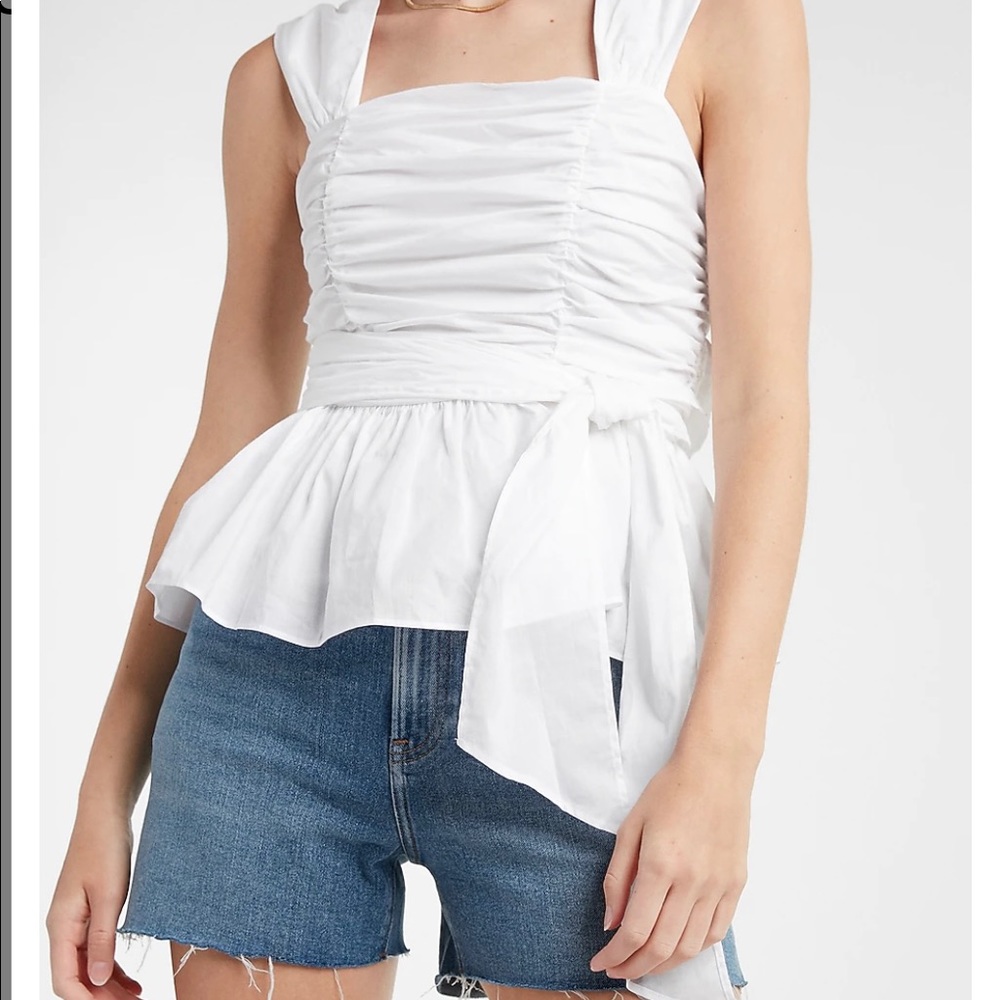 NWT Express Belted Ruched Square Neck Peplum Tank in BLUE